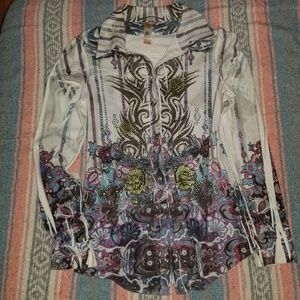 Embellished floral and tribal tattoo shirt
